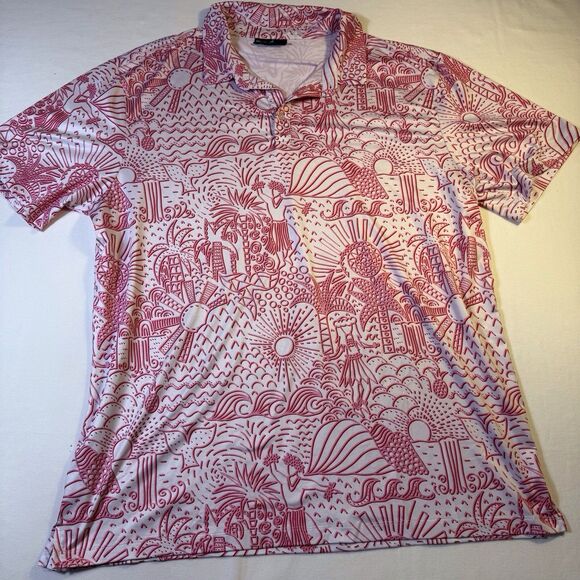 Yatta Golf Mens XXL Pink White Short Sleeve Golf Polo Shirt Hawaiian Theme Shaka - Picture 2 of 11